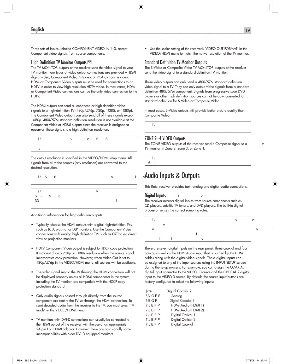Rotel RSX-1550 Audio Inputs & Outputs, High Deﬁnition TV Monitor Outputs, Standard Deﬁnition TV Monitor Outputs h 