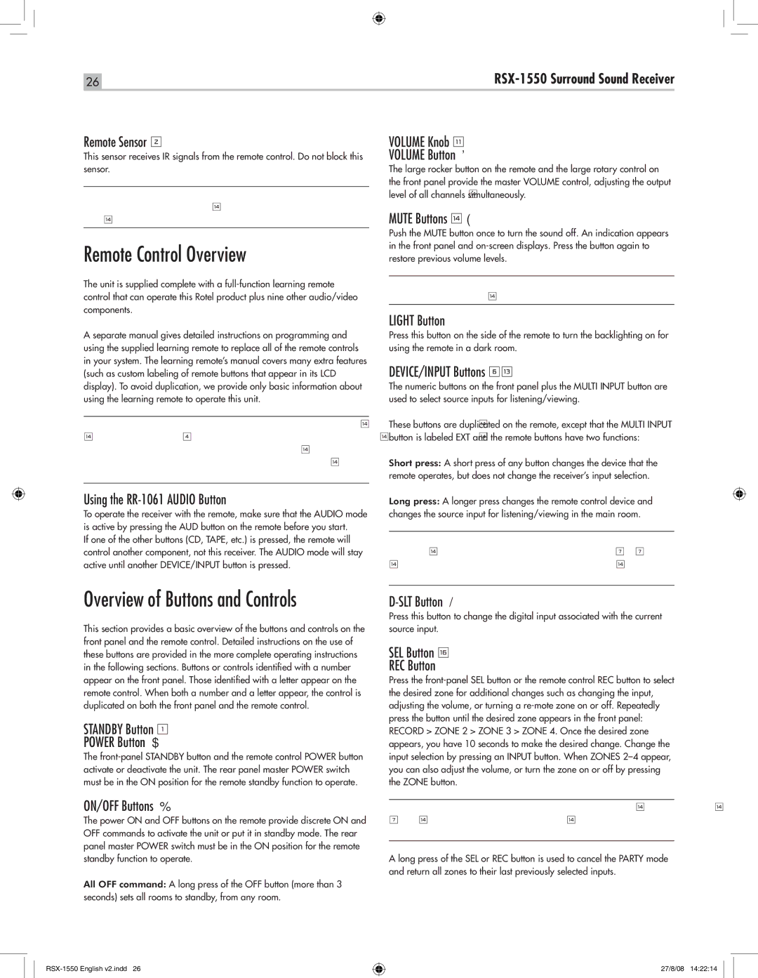 Rotel RSX-1550 owner manual Remote Control Overview 