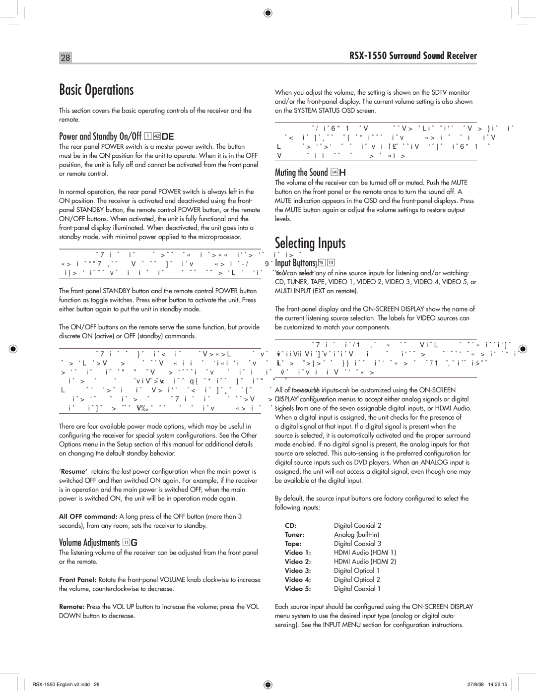 Rotel RSX-1550 owner manual Basic Operations, Selecting Inputs 