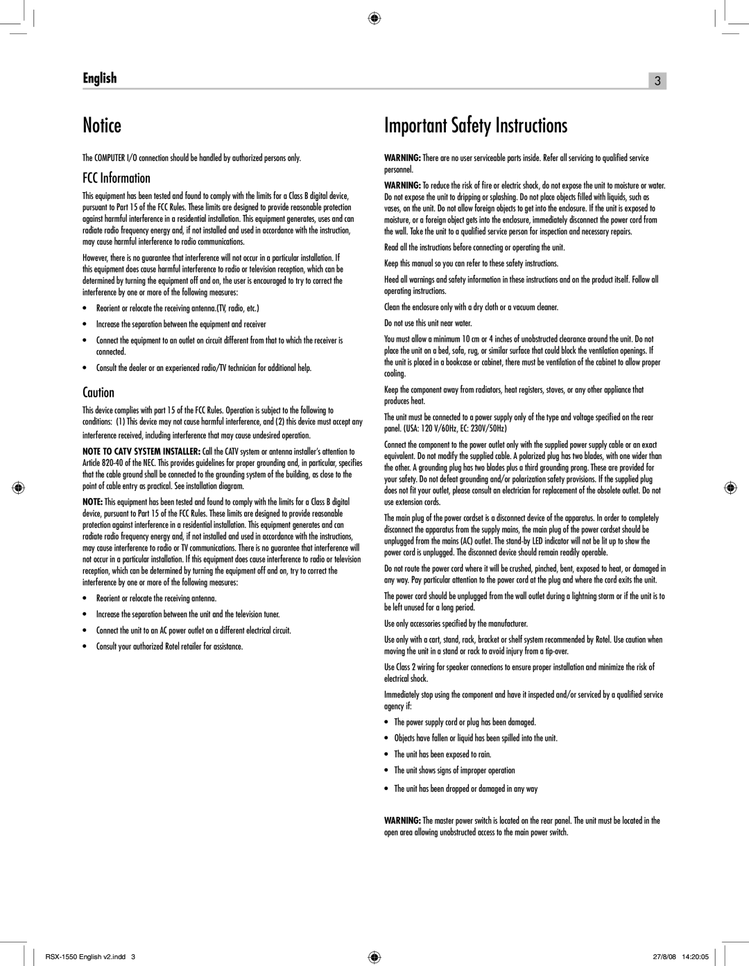 Rotel RSX-1550 owner manual Important Safety Instructions, FCC Information 