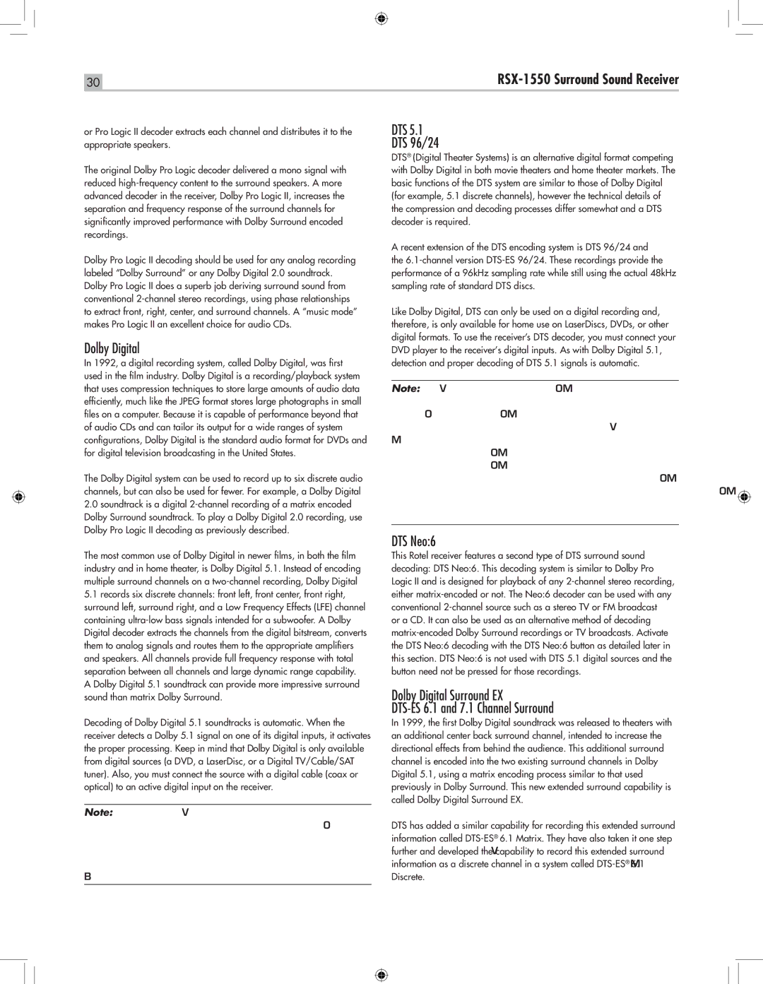 Rotel RSX-1550 owner manual Dolby Digital, DTS DTS 96/24, DTS Neo6 