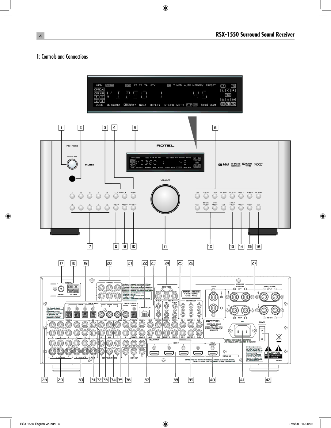 Rotel RSX-1550 owner manual Controls and Connections 