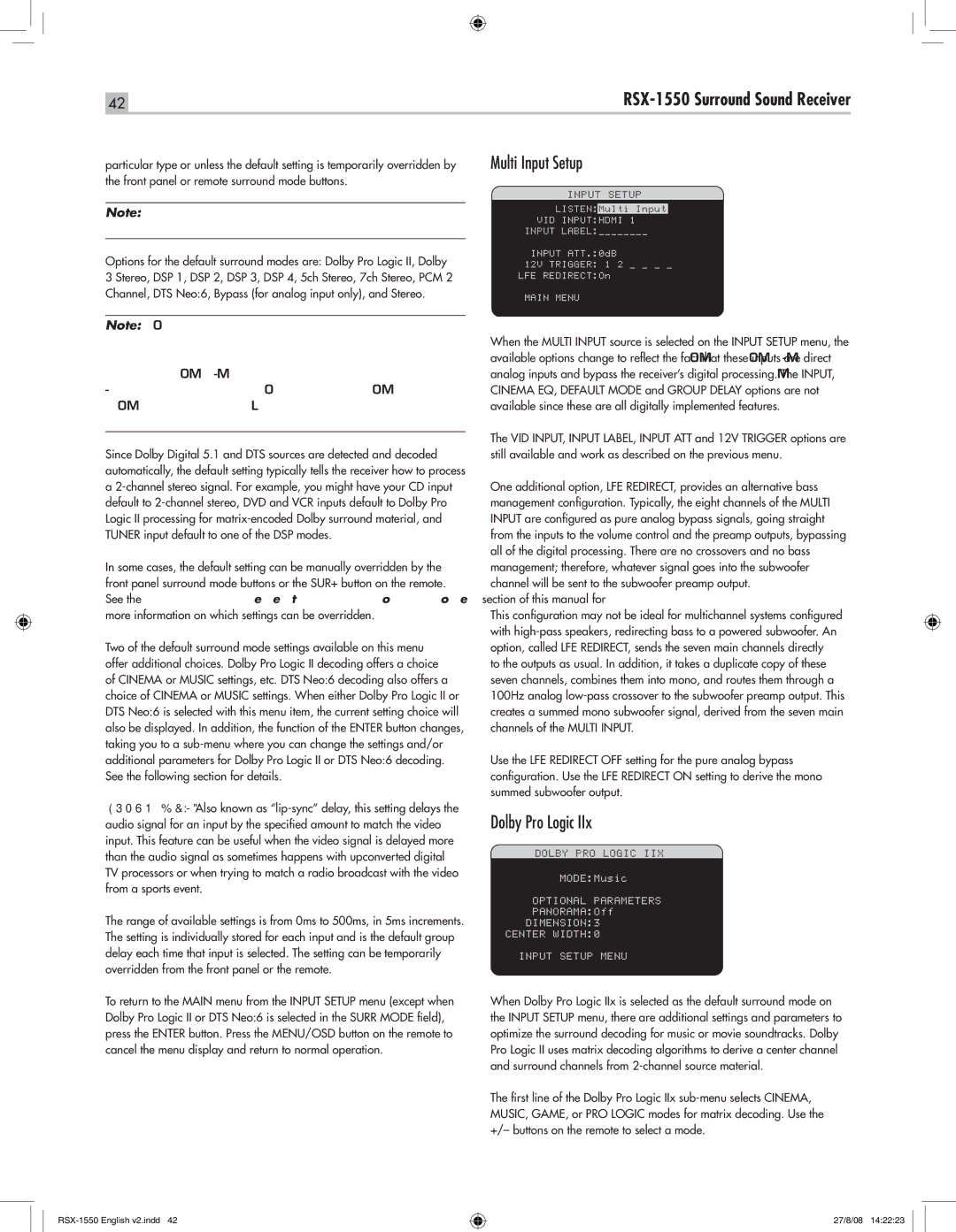 Rotel RSX-1550 owner manual Multi Input Setup, Dolby Pro Logic 