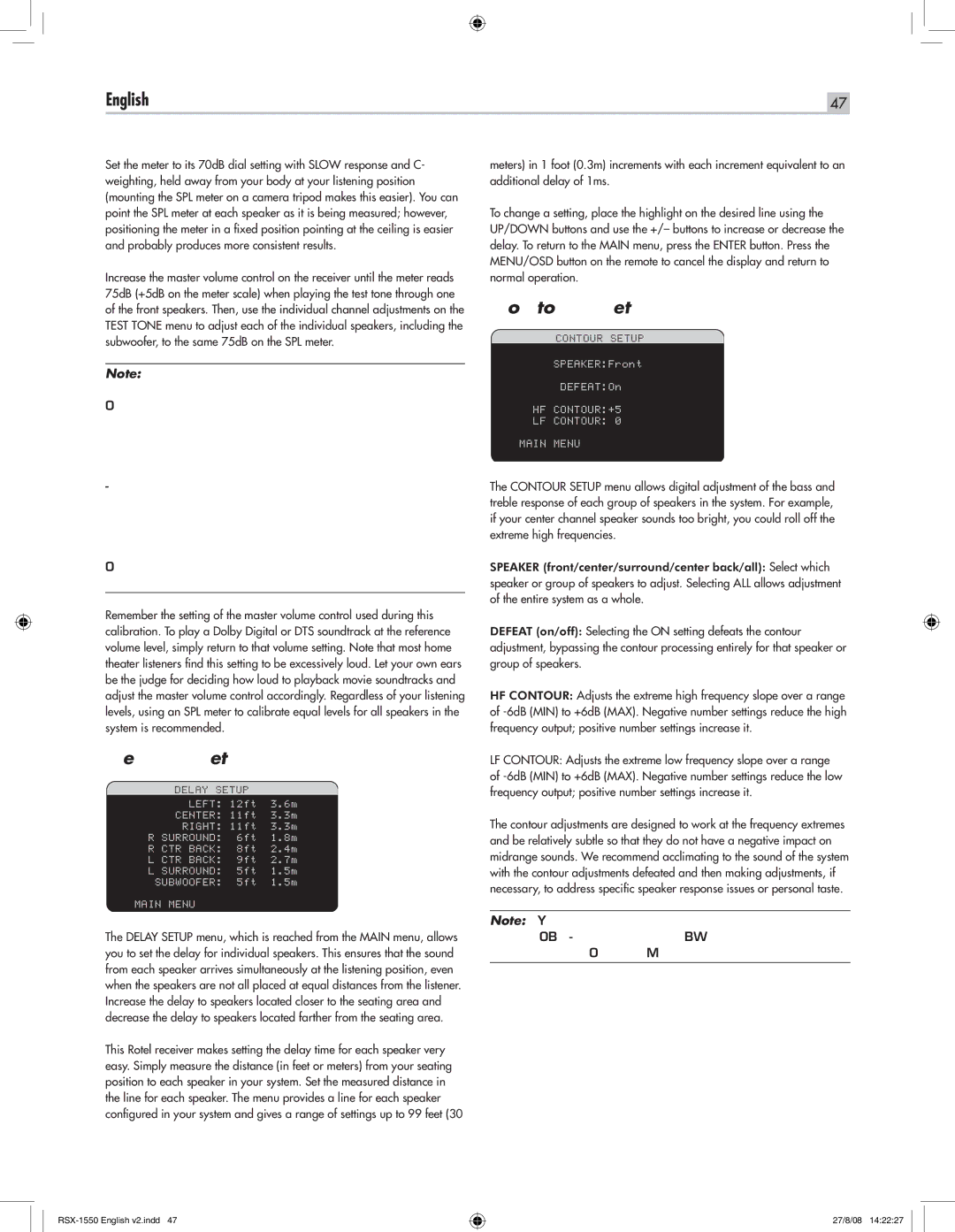 Rotel RSX-1550 owner manual Delay Setup, Contour Setup 