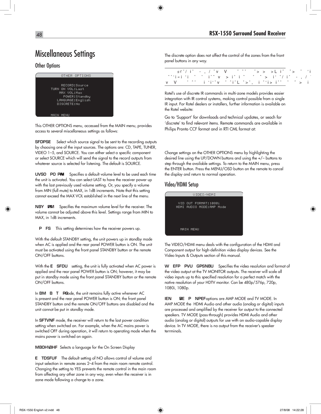 Rotel RSX-1550 owner manual Miscellaneous Settings, Other Options, Video/HDMI Setup 
