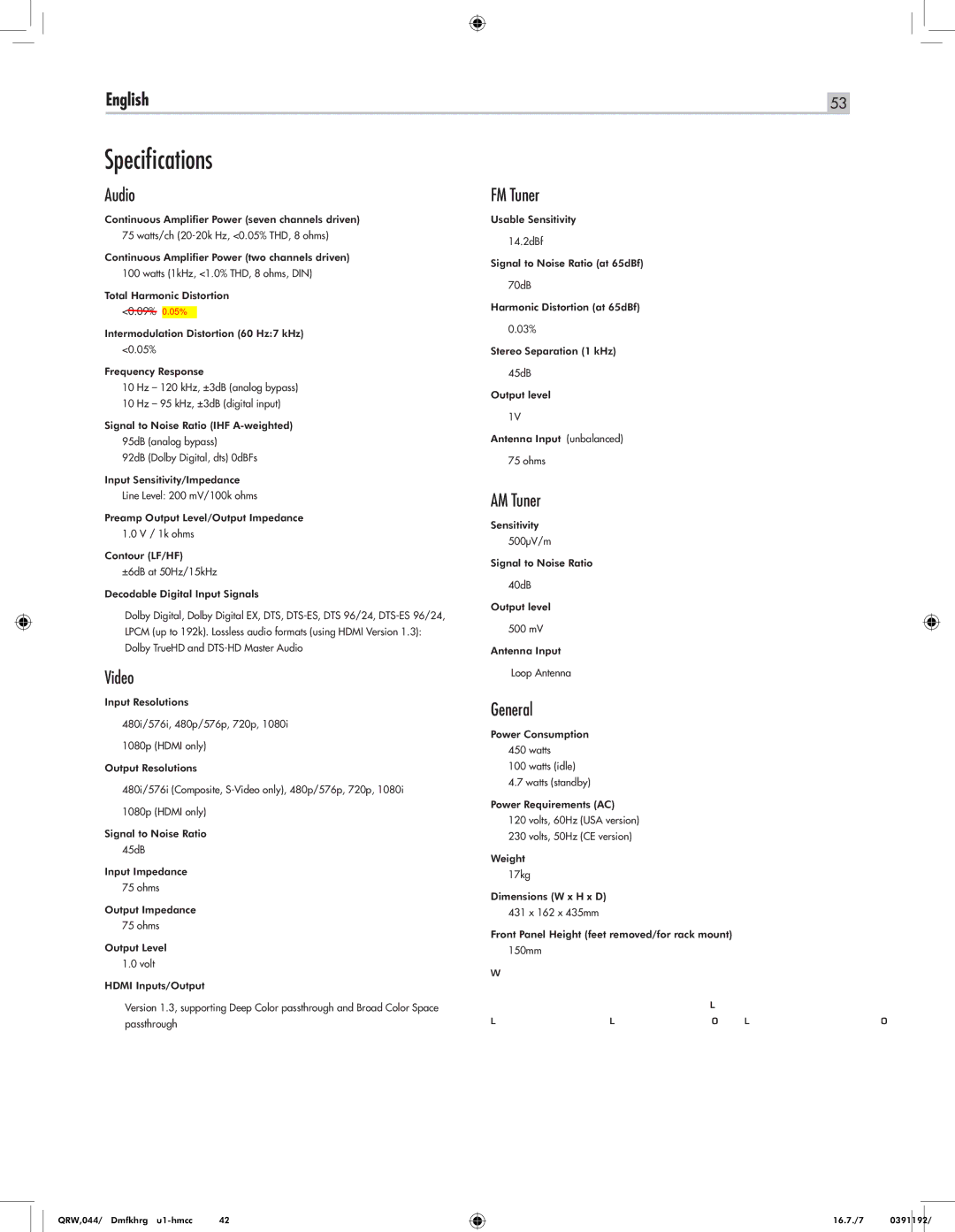 Rotel RSX-1550 owner manual Speciﬁcations 