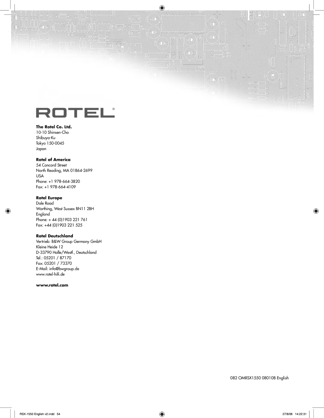 Rotel RSX-1550 owner manual Rotel of America 