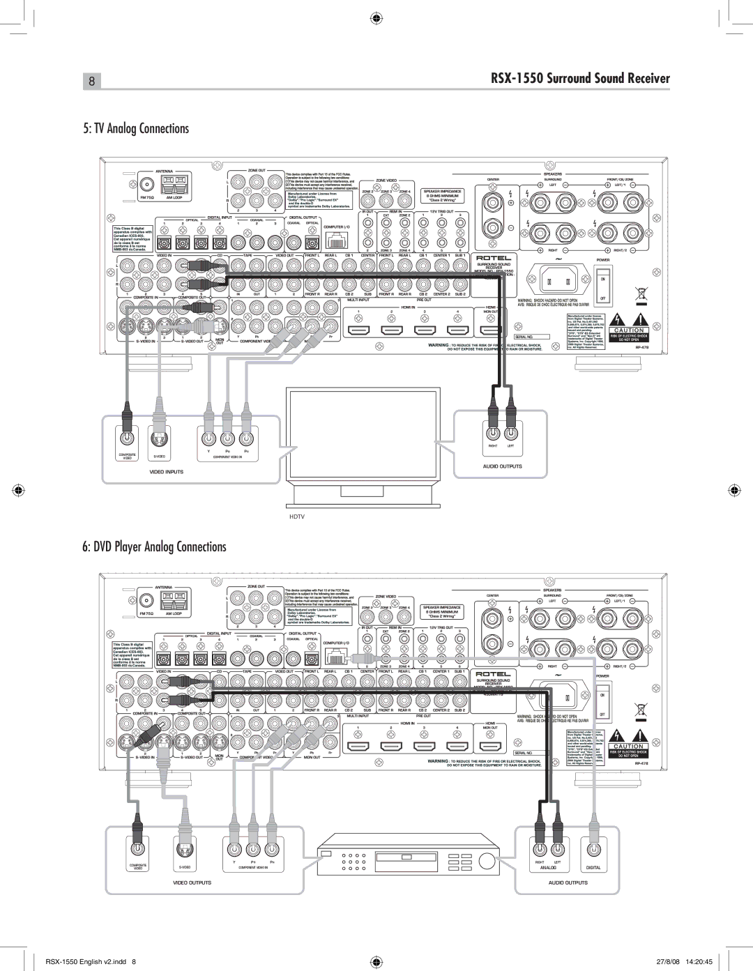 Rotel RSX-1550 owner manual TV Analog Connections DVD Player Analog Connections 