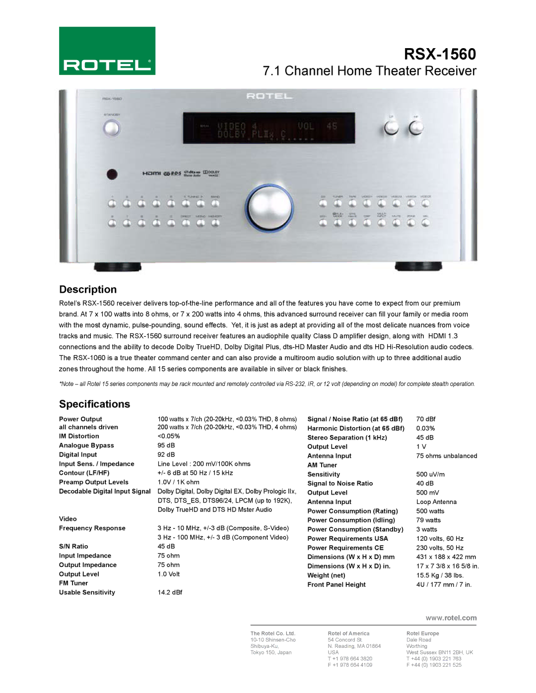 Rotel RSX-1560 dimensions Channel Home Theater Receiver, Description, Specifications 