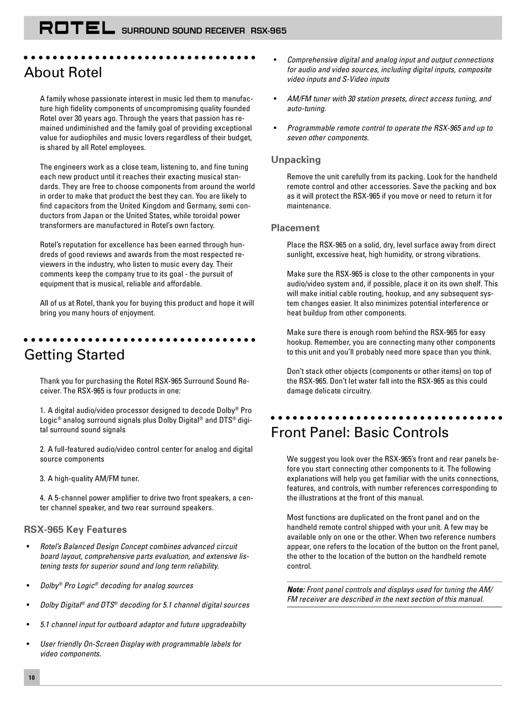 Rotel RSX-965 owner manual About Rotel, Getting Started, Front Panel Basic Controls 