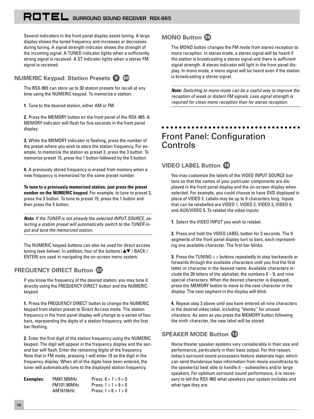 Rotel RSX-965 owner manual Front Panel Configuration Controls 