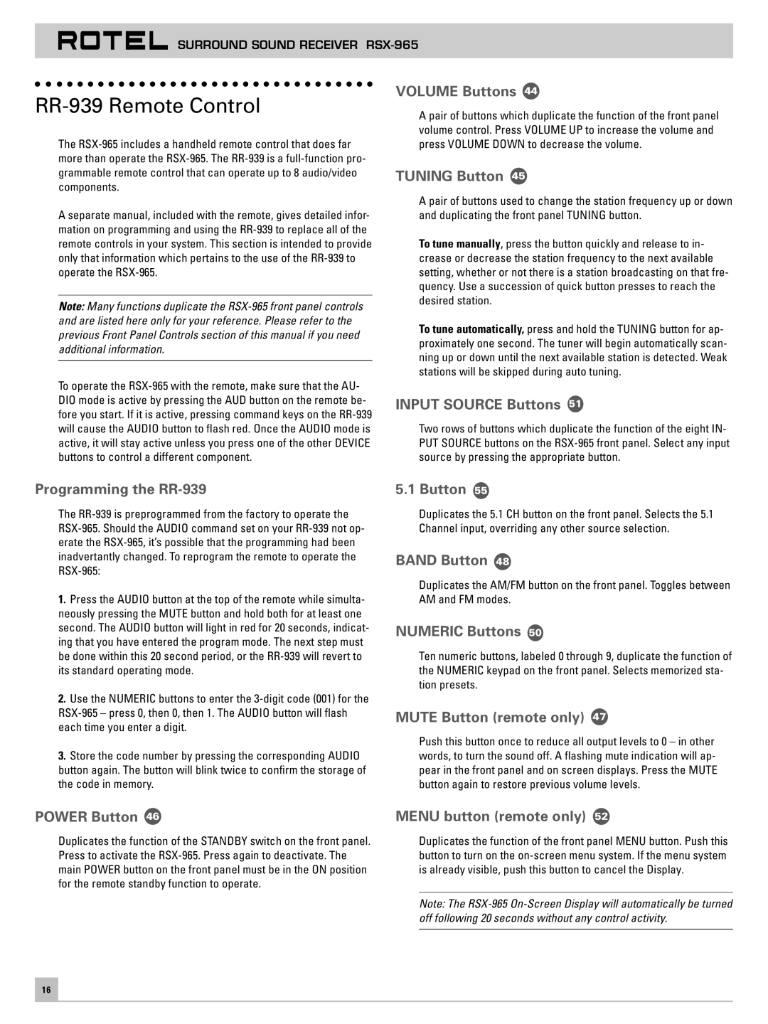 Rotel RSX-965 owner manual RR-939 Remote Control 