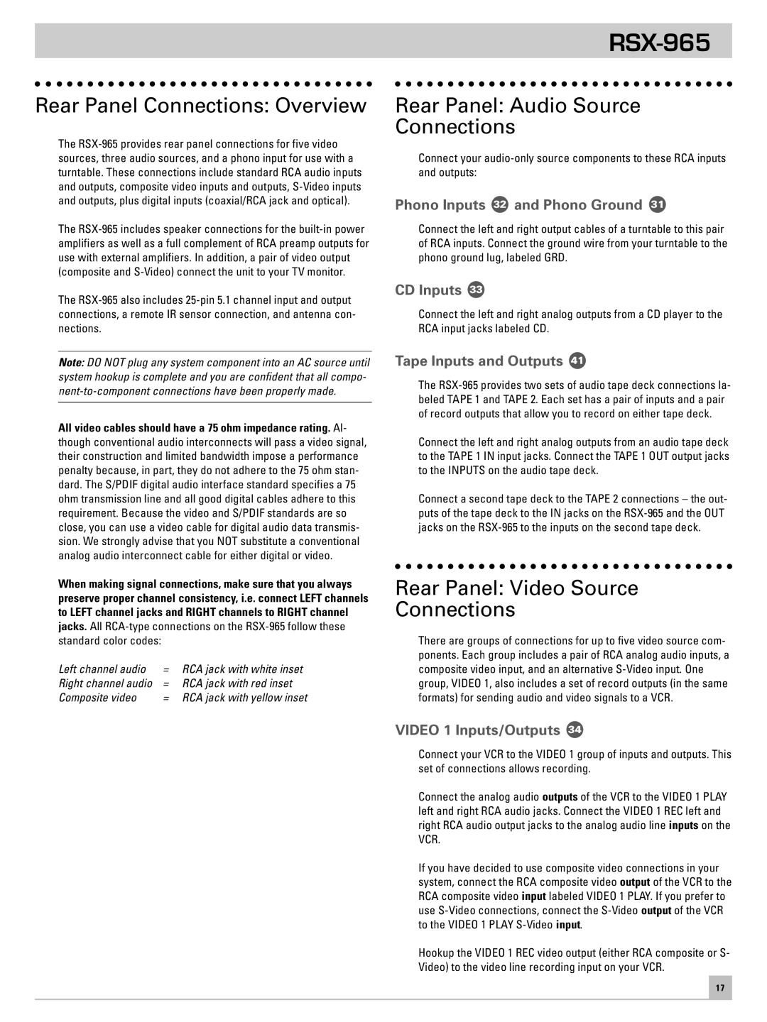 Rotel RSX-965 Rear Panel Connections Overview, Rear Panel Audio Source Connections, Rear Panel Video Source Connections 