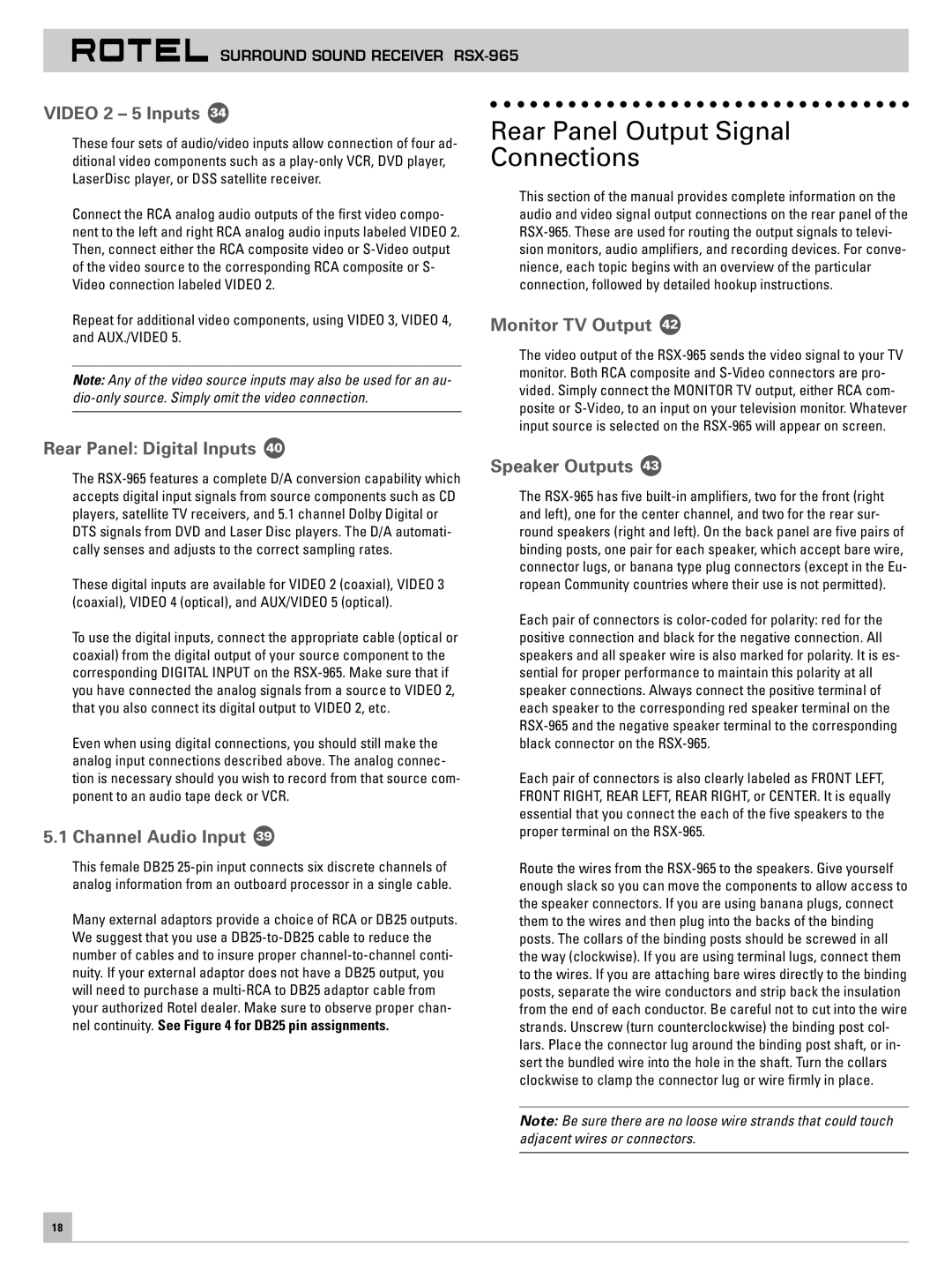 Rotel RSX-965 owner manual Rear Panel Output Signal Connections 