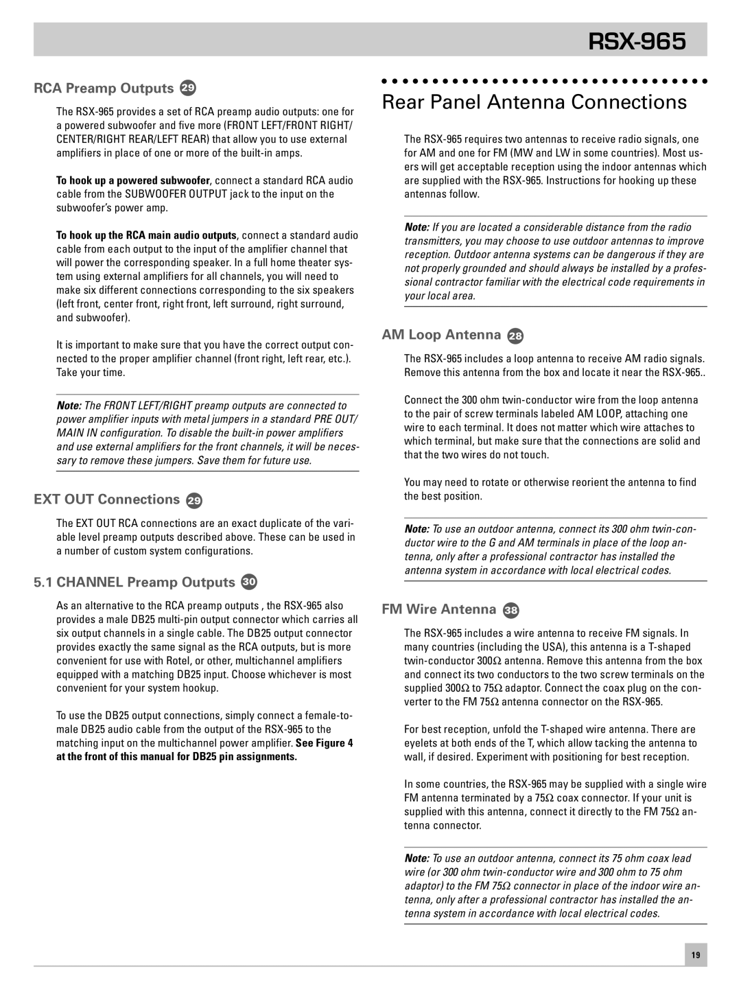 Rotel RSX-965 owner manual Rear Panel Antenna Connections 