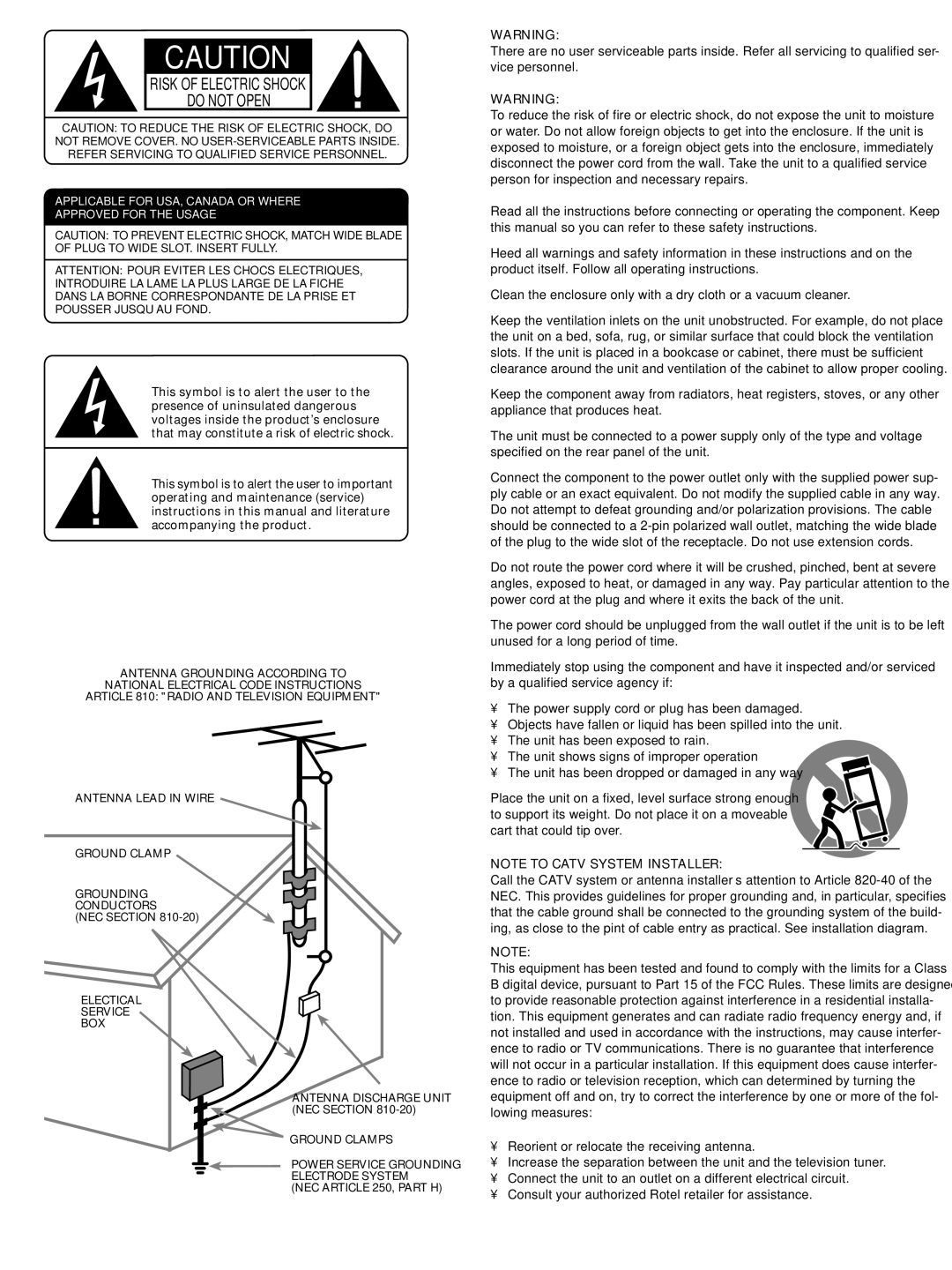 Rotel RSX-965 owner manual Risk of Electric Shock Do not Open 