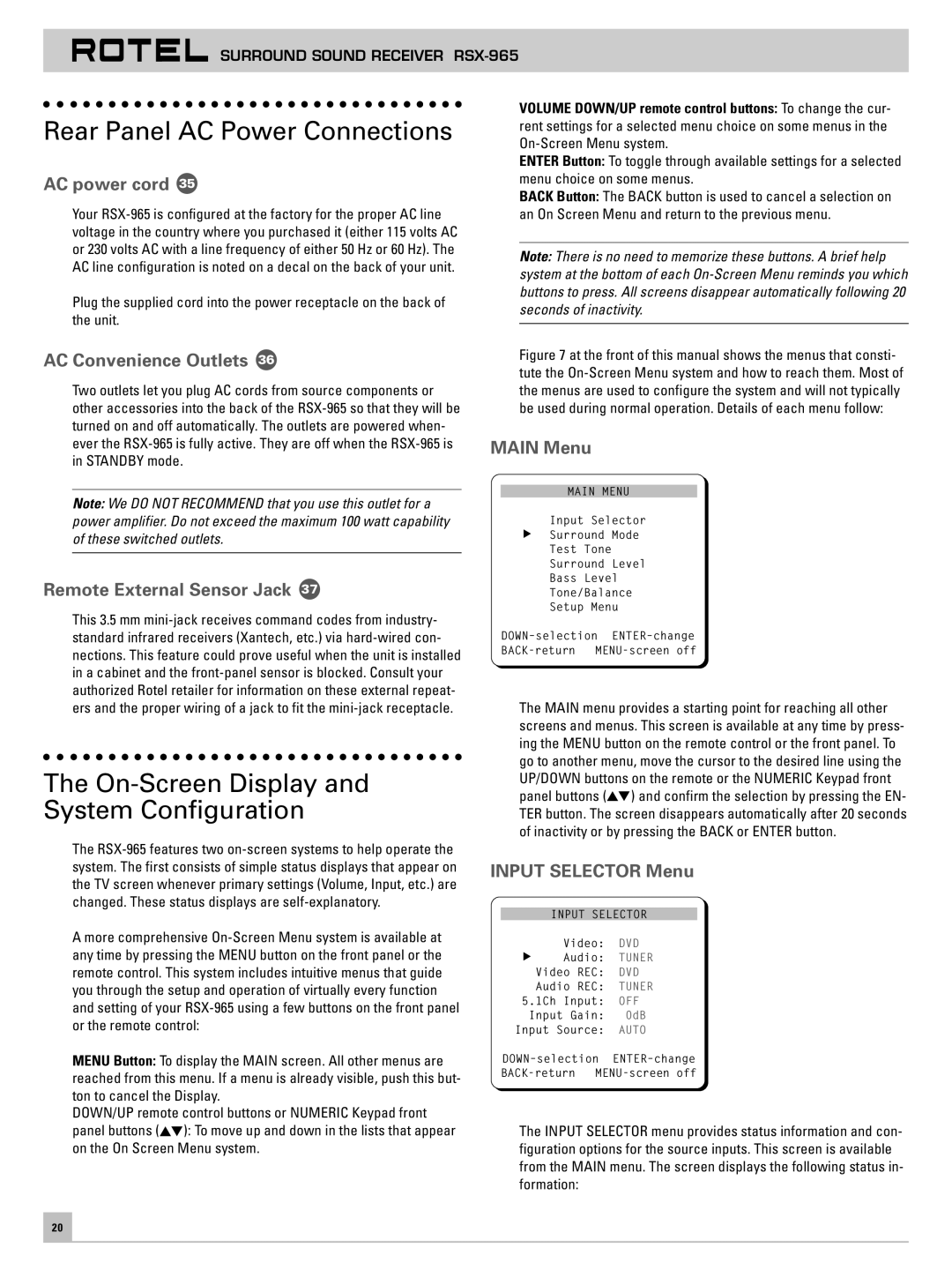 Rotel RSX-965 owner manual Rear Panel AC Power Connections, On-Screen Display and System Configuration 