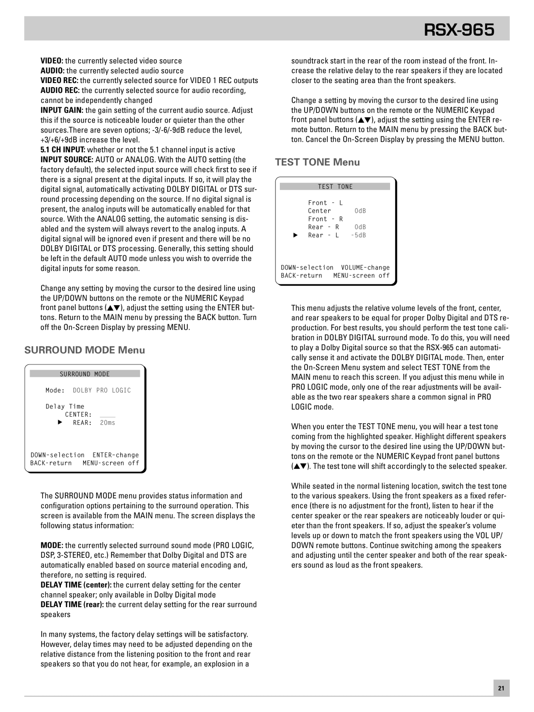 Rotel RSX-965 owner manual Surround Mode Menu, Test Tone Menu 