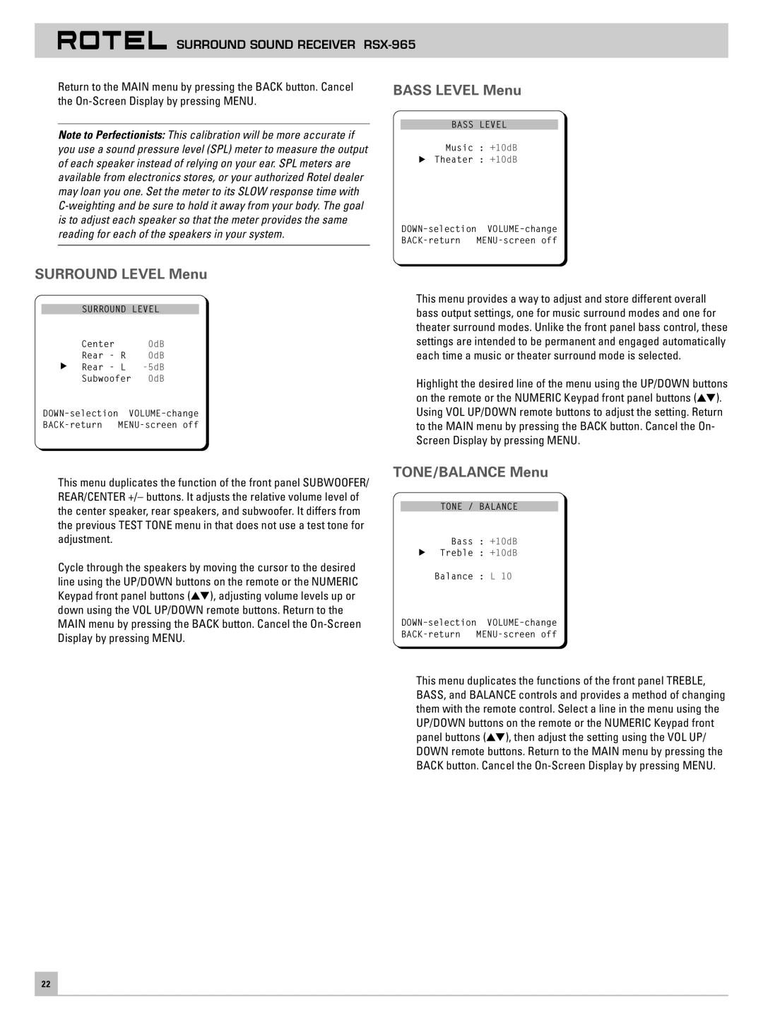 Rotel RSX-965 owner manual Bass Level Menu, Surround Level Menu, TONE/BALANCE Menu 