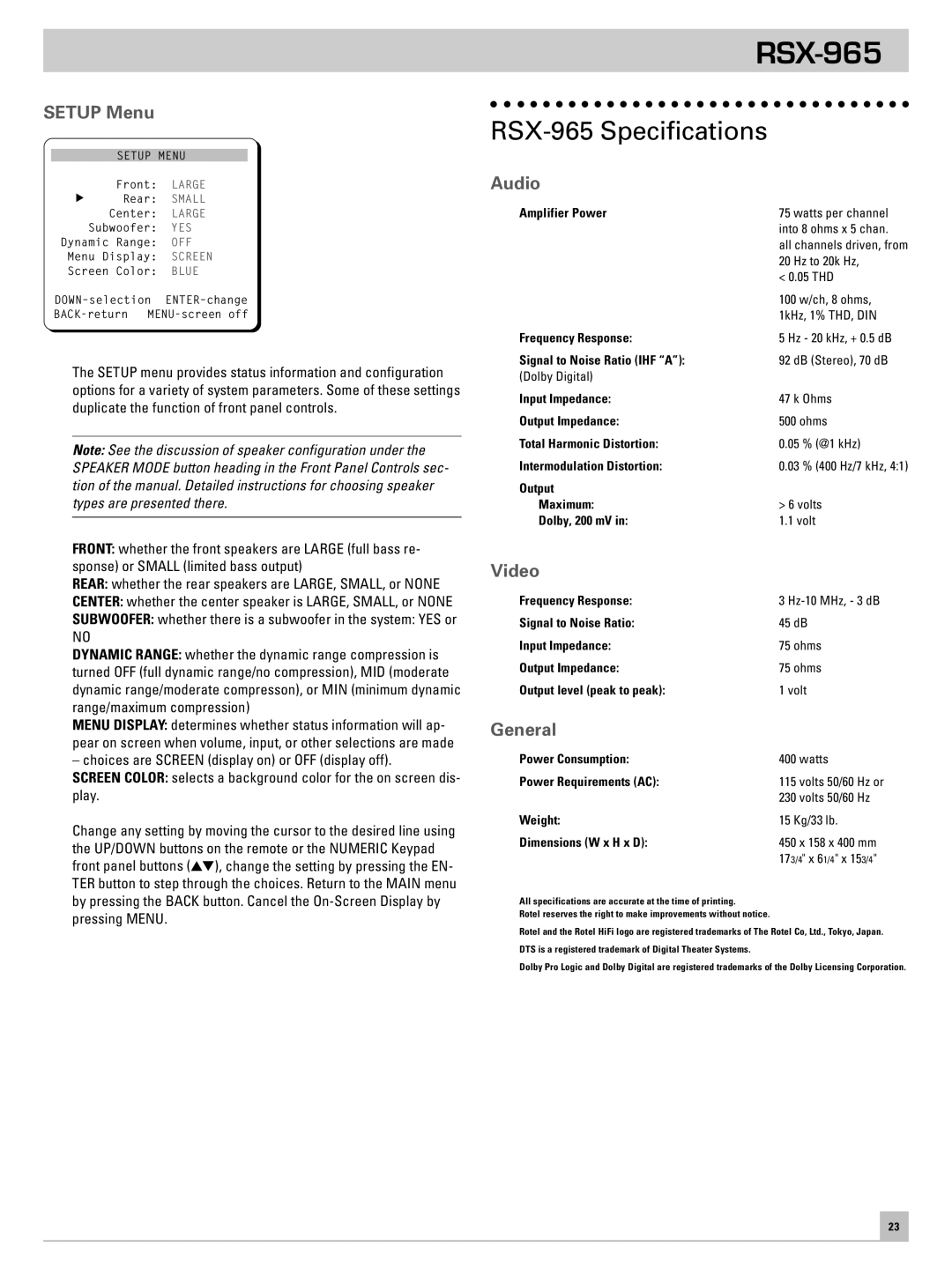 Rotel owner manual RSX-965 Specifications, Setup Menu, Audio, Video, General 