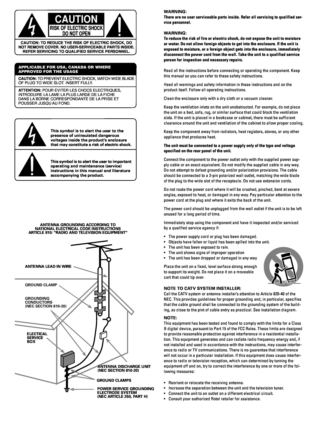 Rotel RSX-965 owner manual Risk Of Electric Shock Do Not Open 