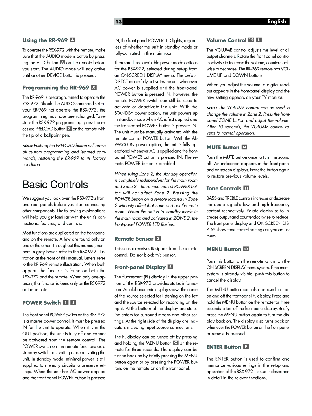 Rotel RSX-972 owner manual Basic Controls 