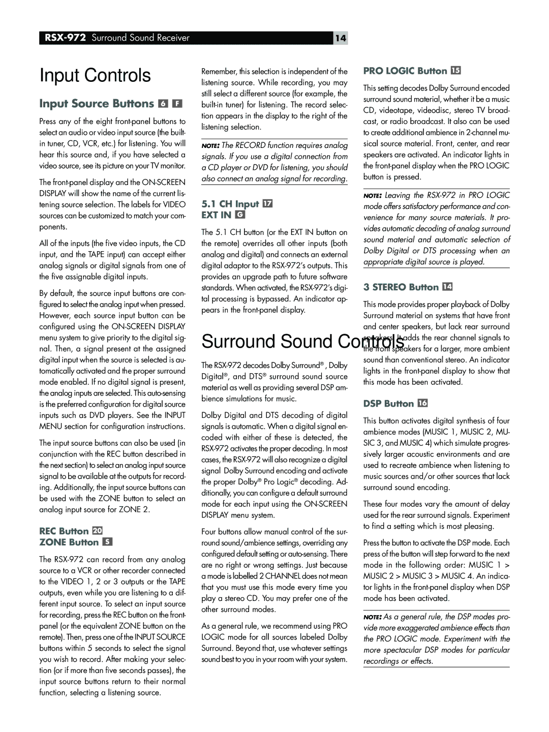 Rotel RSX-972 owner manual Input Controls, Ext 