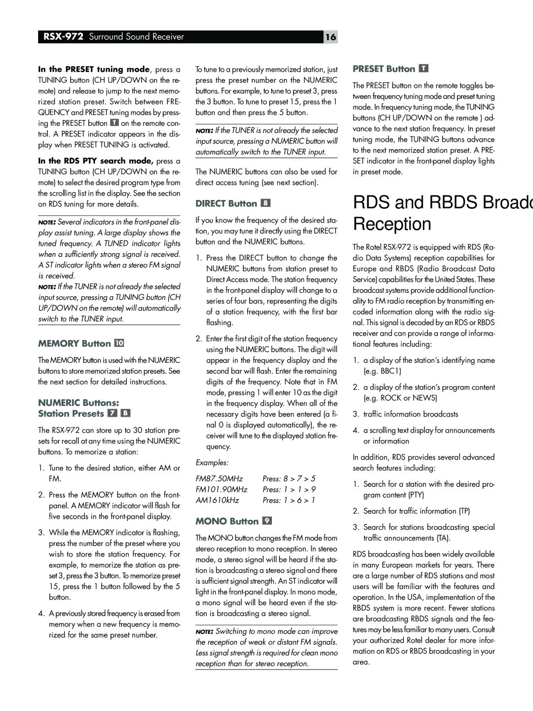 Rotel RSX-972 owner manual Memory Button, Numeric Buttons Station Presets, Direct Button, Mono Button, Preset Button 
