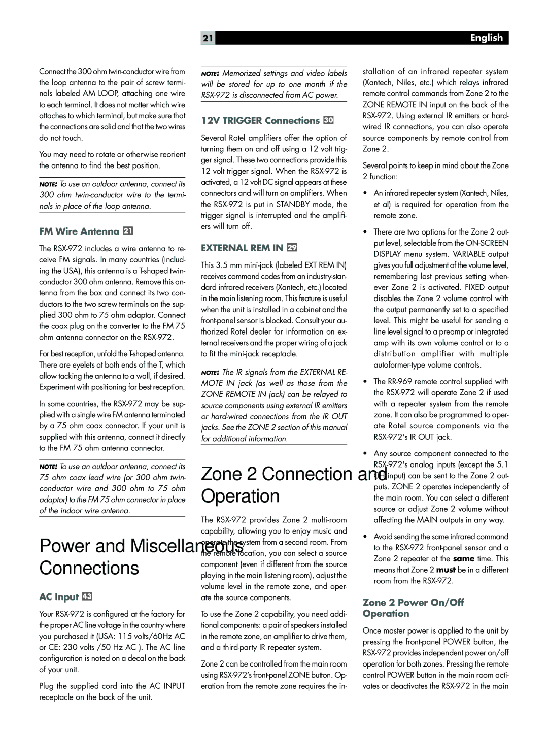 Rotel RSX-972 owner manual FM Wire Antenna, AC Input, 12V Trigger Connections, External REM, Zone 2 Power On/Off Operation 