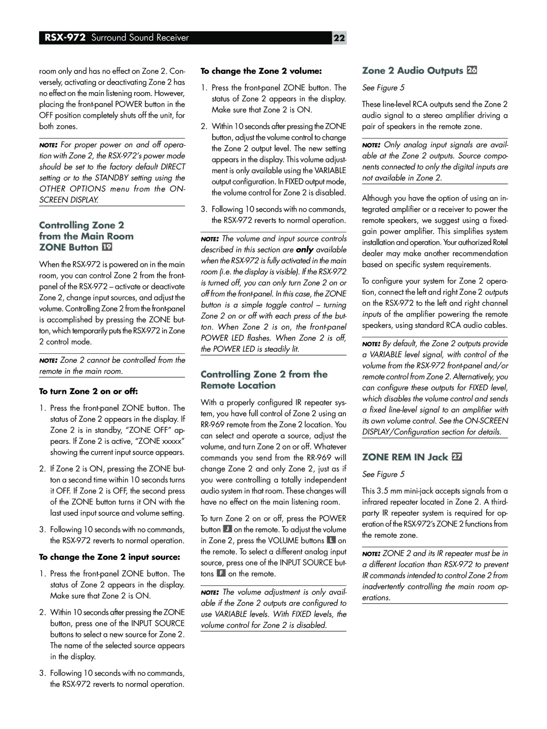 Rotel RSX-972 owner manual Controlling Zone 2 from the Main Room Zone Button, Controlling Zone 2 from the Remote Location 