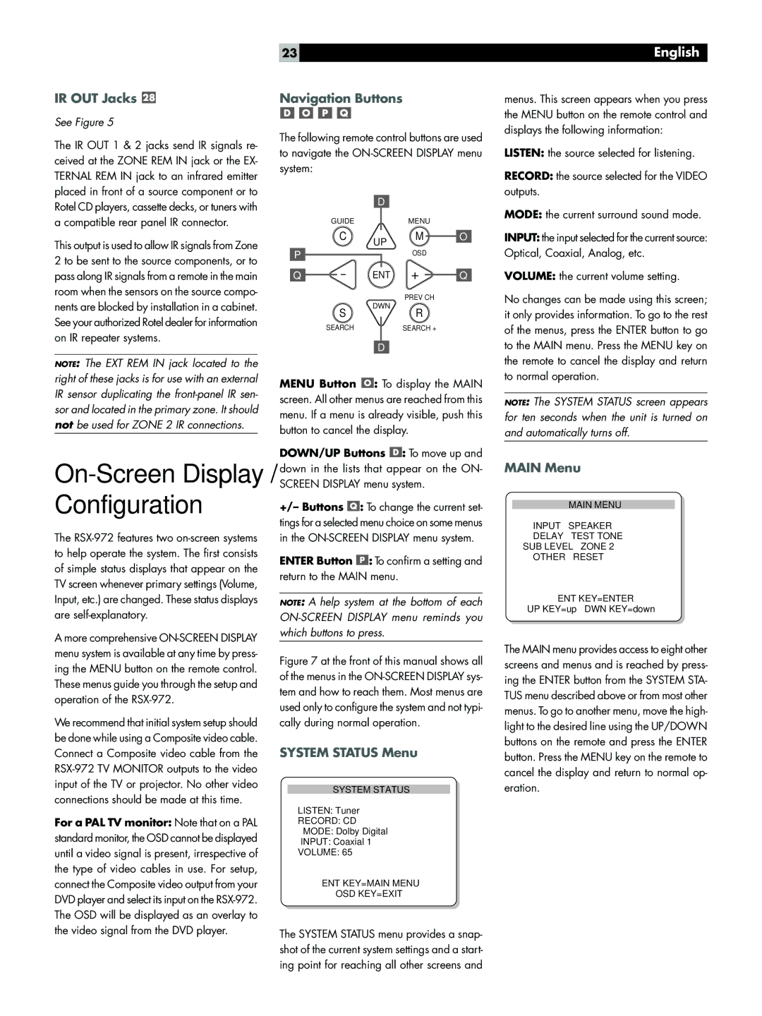 Rotel RSX-972 owner manual Configuration, IR OUT Jacks, Navigation Buttons, System Status Menu, Main Menu 