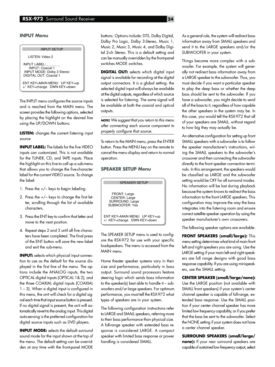 Rotel RSX-972 owner manual Input Menu, Speaker Setup Menu, Center Speaker small/large/none, Surround Speakers small/large 