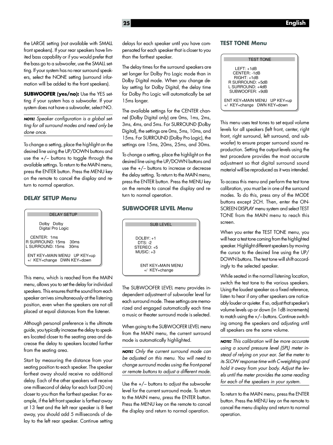 Rotel RSX-972 owner manual Delay Setup Menu, Subwoofer Level Menu, Test Tone Menu 