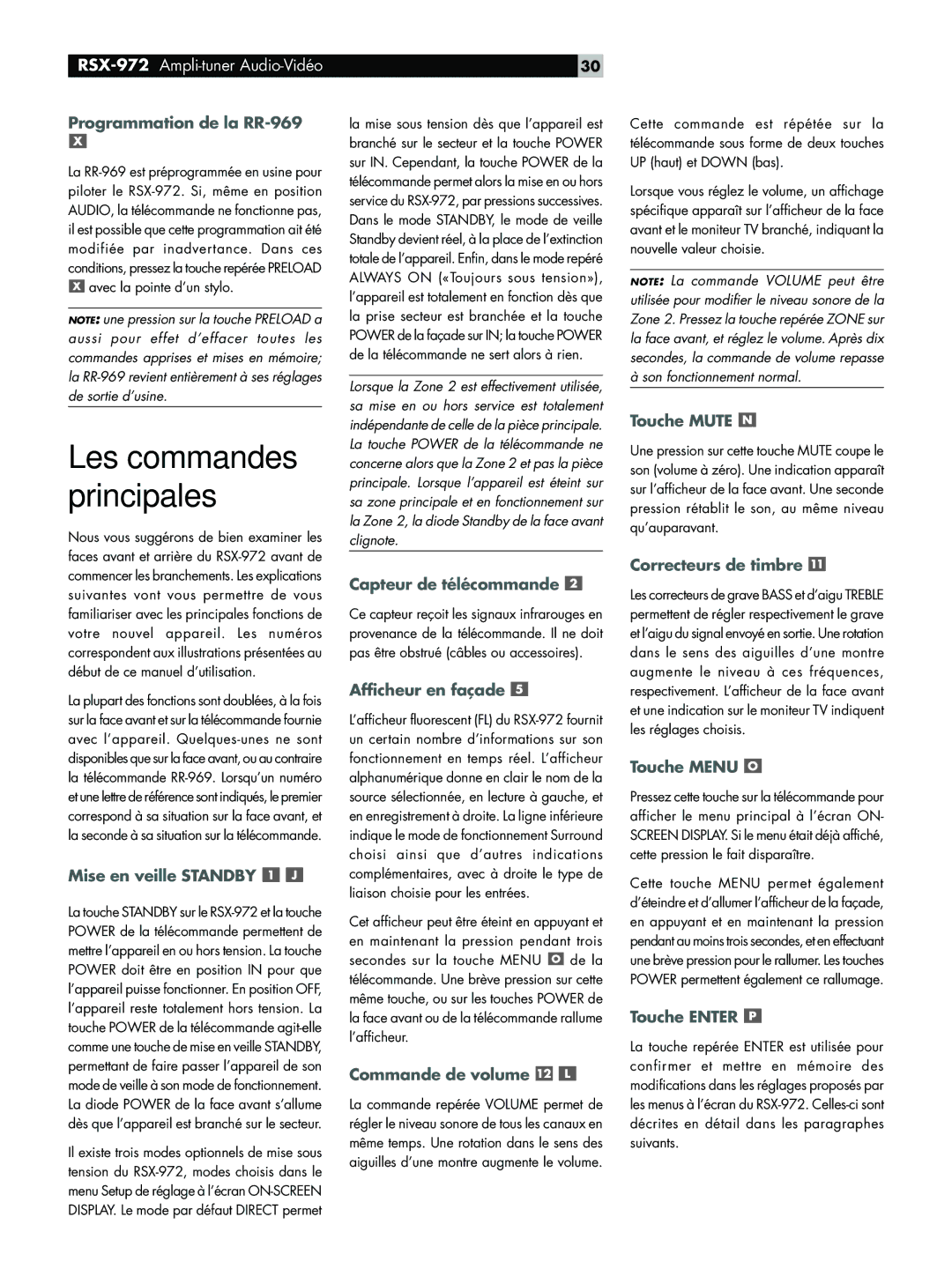 Rotel RSX-972 owner manual Programmation de la RR-969, Mise en veille Standby, Capteur de télécommande, Afficheur en façade 