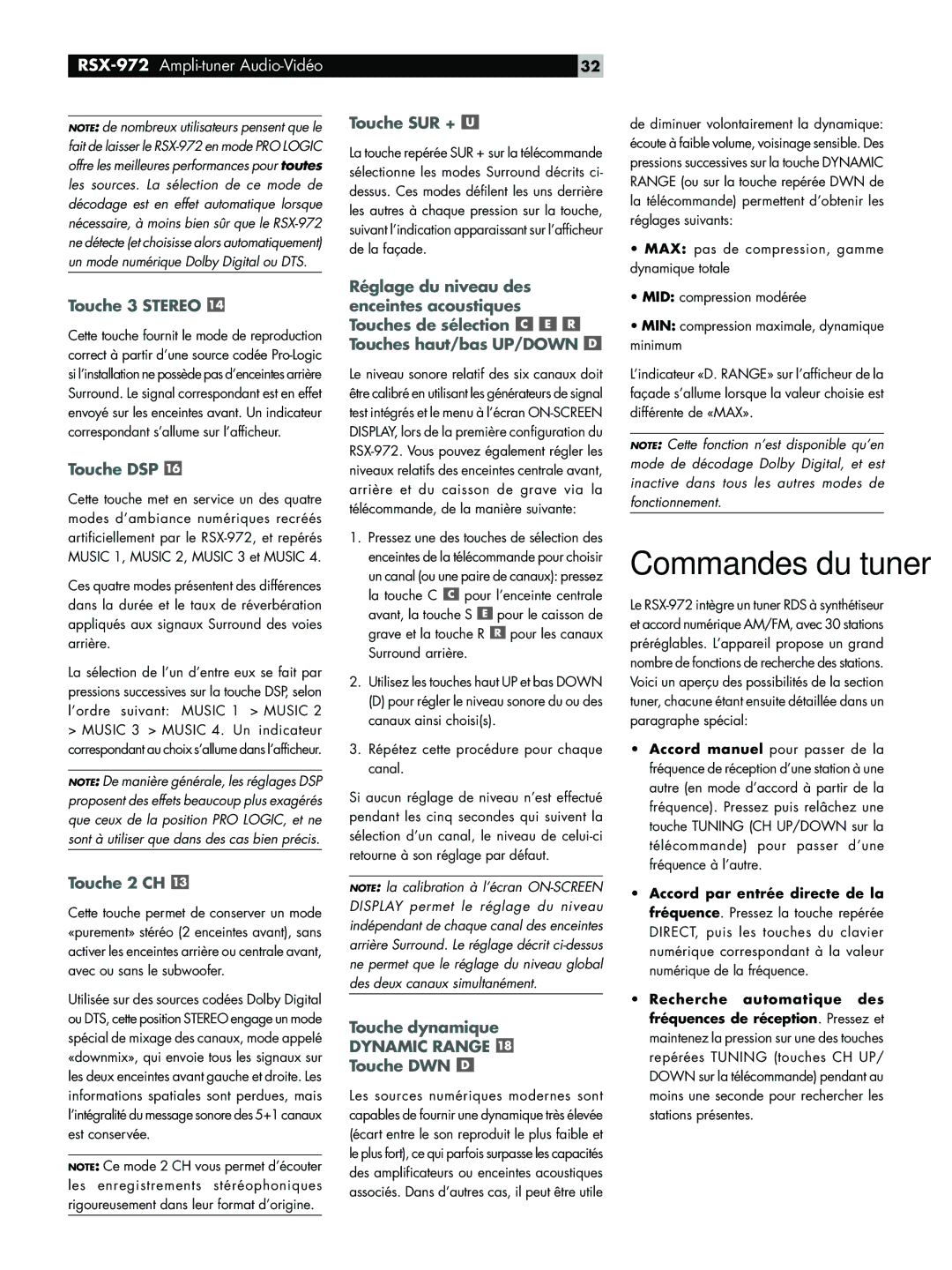 Rotel RSX-972 owner manual Commandes du tuner, Dynamic Range 