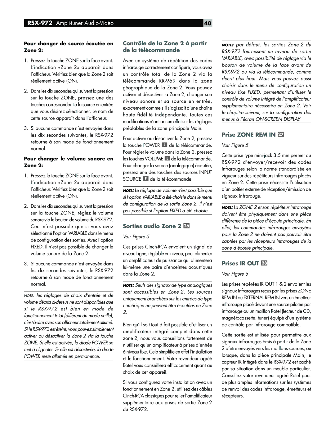 Rotel RSX-972 Contrôle de la Zone 2 à partir de la télécommande, Sorties audio Zone, Prise Zone REM, Prises IR OUT 