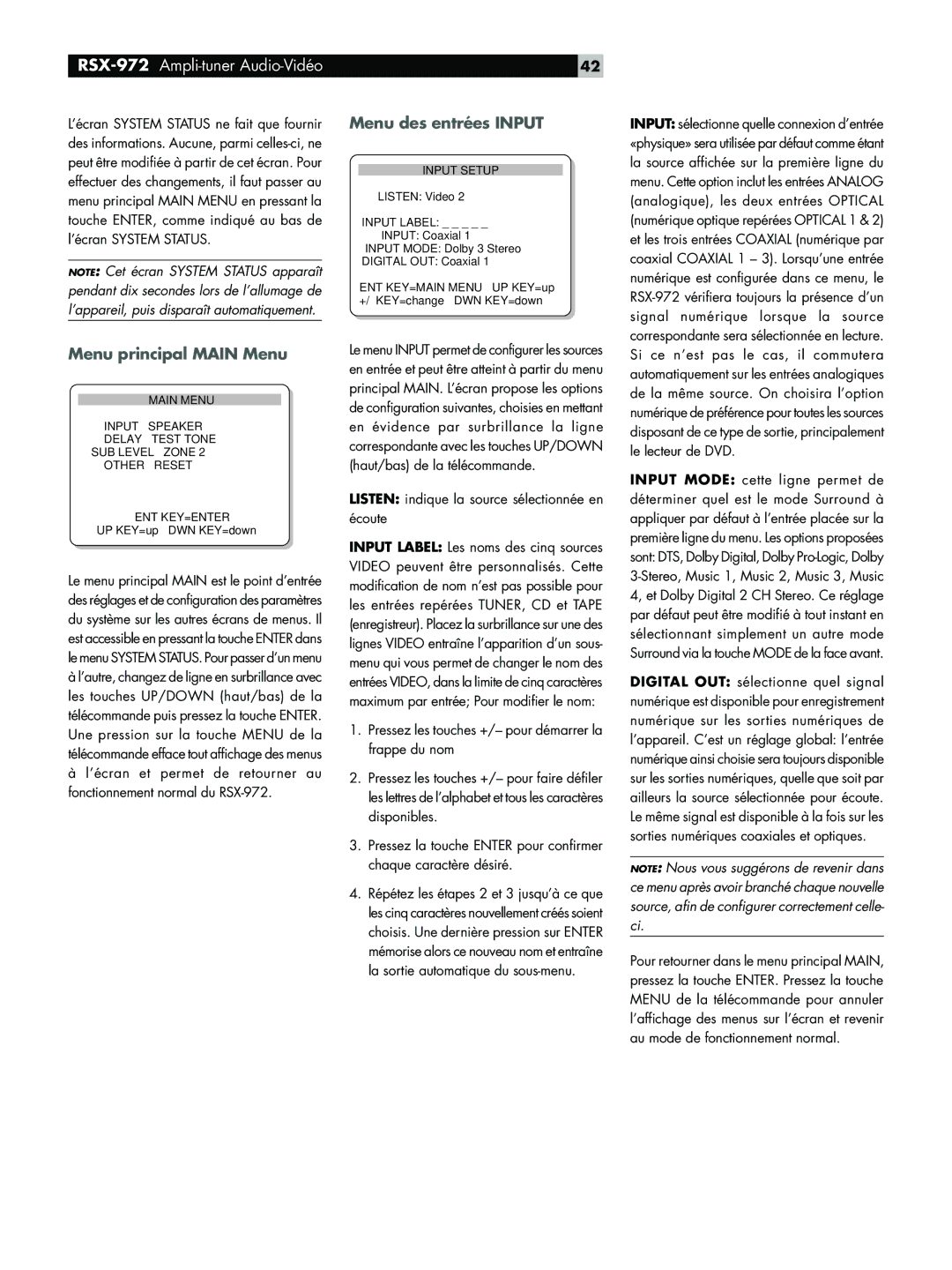 Rotel RSX-972 owner manual Menu principal Main Menu, Menu des entrées Input 