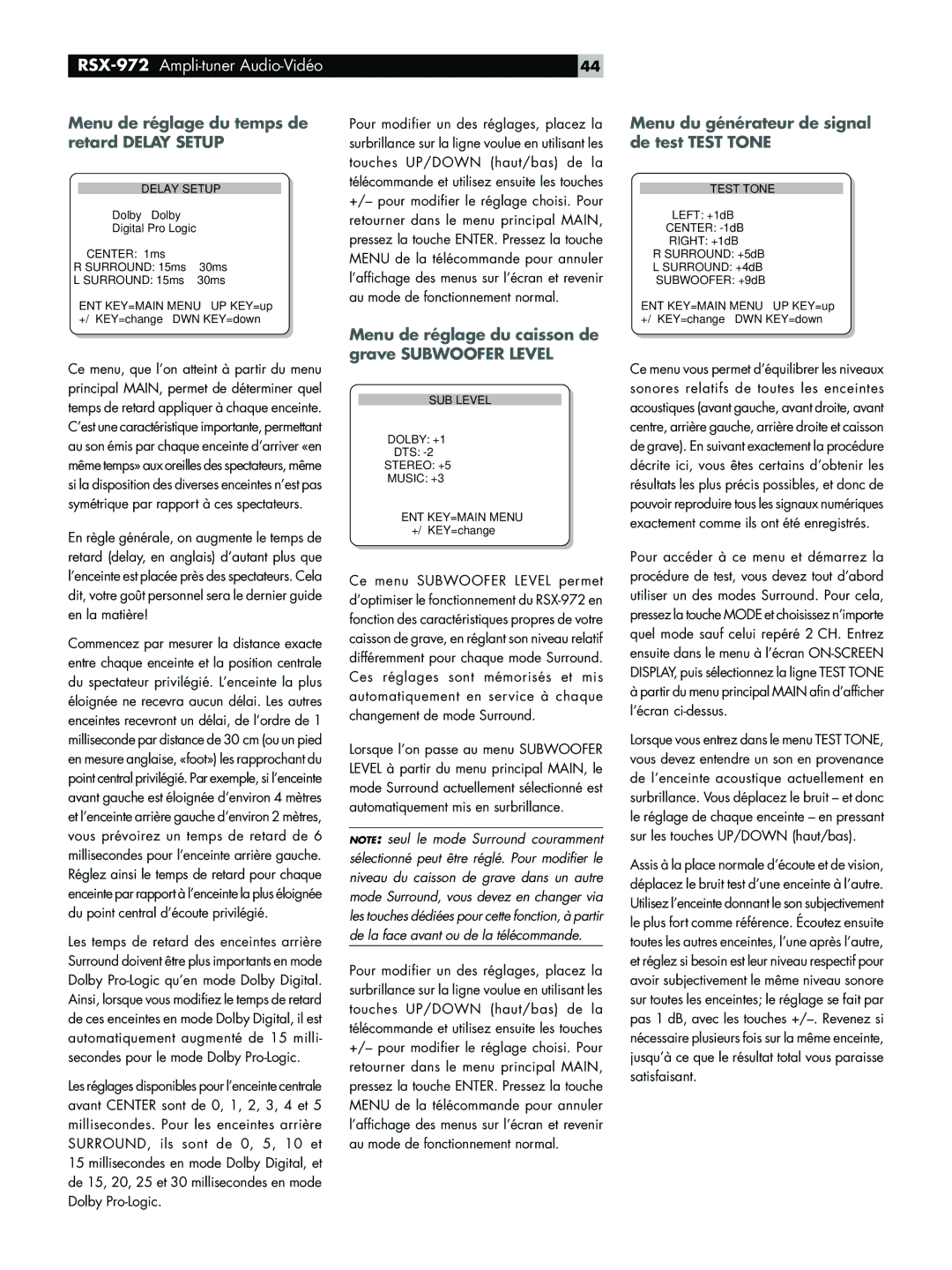 Rotel RSX-972 Menu de réglage du temps de retard Delay Setup, Menu de réglage du caisson de grave Subwoofer Level 