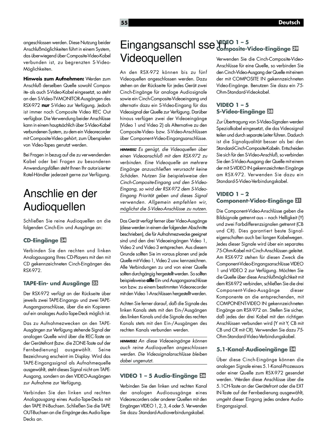 Rotel RSX-972 owner manual Anschließen der Audioquellen 