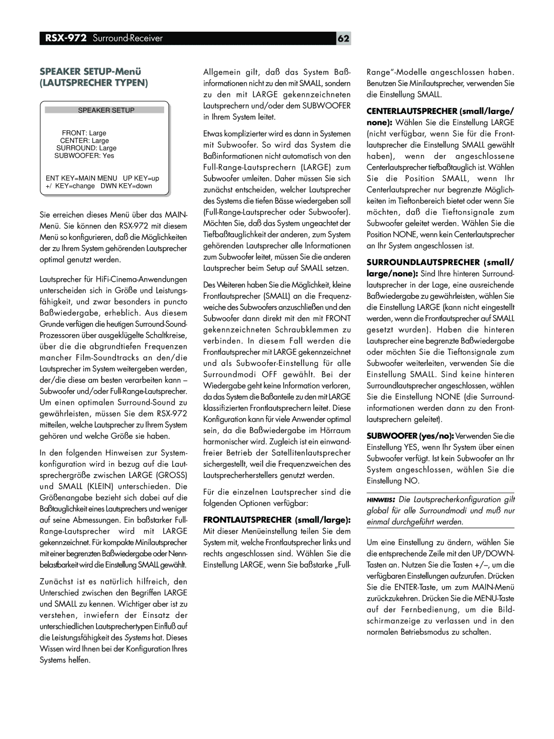 Rotel RSX-972 Speaker SETUP-Menü, Lautsprecher Typen, Frontlautsprecher small/large, Centerlautsprecher small/large 