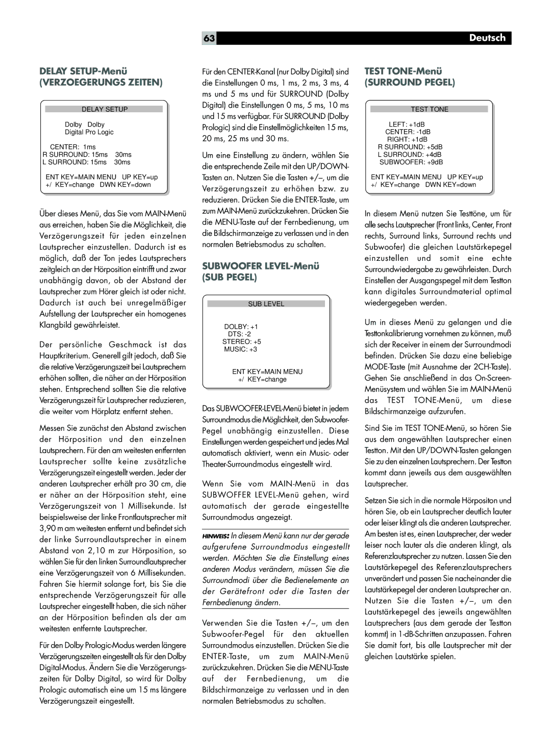 Rotel RSX-972 Delay SETUP-Menü, Verzoegerungs Zeiten, Subwoofer LEVEL-Menü SUB Pegel, Test TONE-Menü, Surround Pegel 