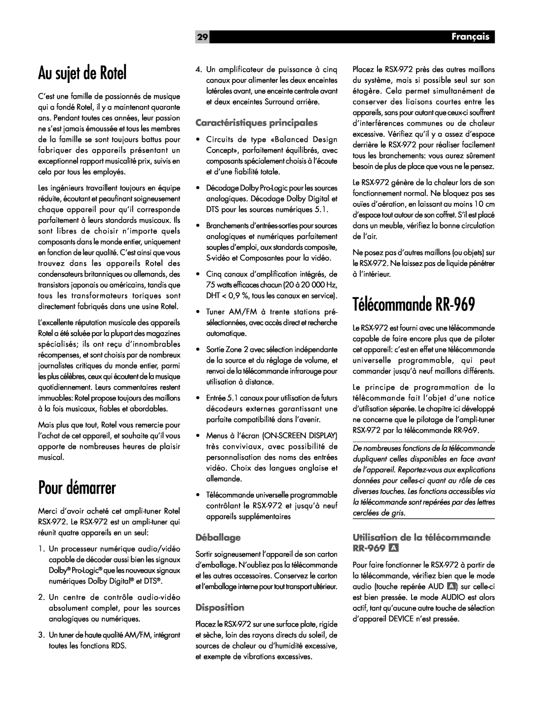Rotel RSX-972 owner manual Au sujet de Rotel, Pour démarrer, Français, Caractéristiques principales, Déballage, Disposition 