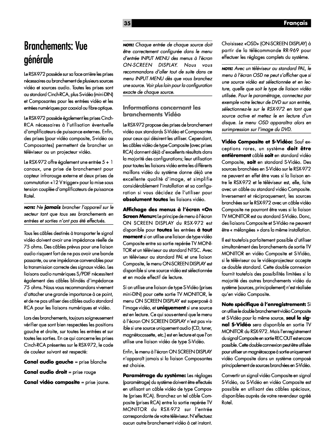 Rotel RSX-972 owner manual Branchements: Vue générale, Informations concernant les branchements Vidéo, Français 