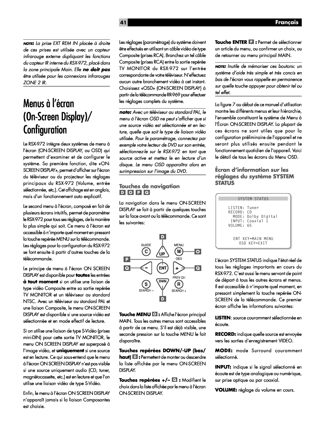 Rotel RSX-972 owner manual Menus à l’écran On-ScreenDisplay/ Configuration, Touches de navigation, Français 