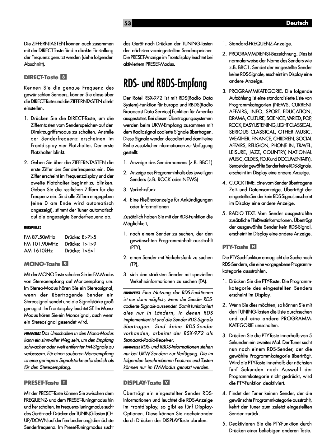 Rotel RSX-972 owner manual RDS- und RBDS-Empfang, DIRECT-Taste, MONO-Taste, PTY-Taste, PRESET-Taste, DISPLAY-Taste, Deutsch 