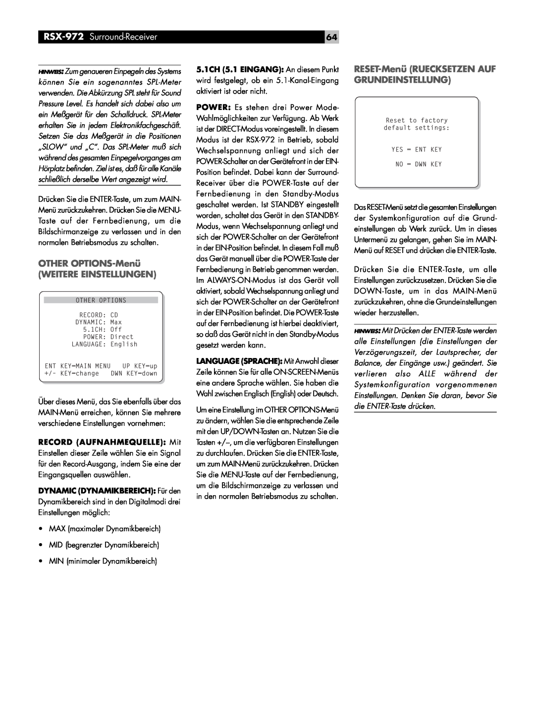 Rotel RSX-972 owner manual OTHER OPTIONS-Menü WEITERE EINSTELLUNGEN, RESET-MenüRUECKSETZEN AUF GRUNDEINSTELLUNG 