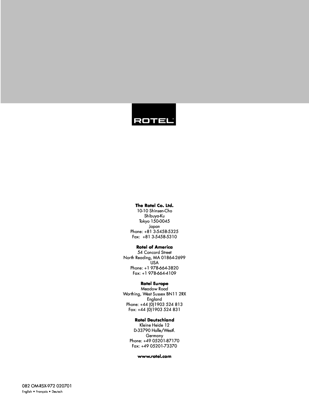 Rotel RSX-972 owner manual The Rotel Co. Ltd, Rotel of America, Rotel Europe, Rotel Deutschland 
