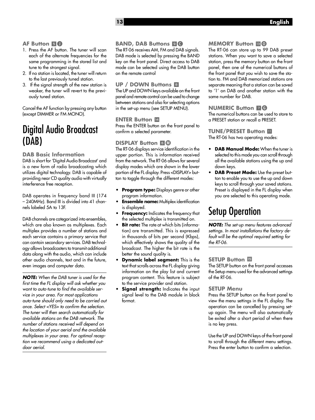 Rotel RT-06 owner manual Setup Operation 