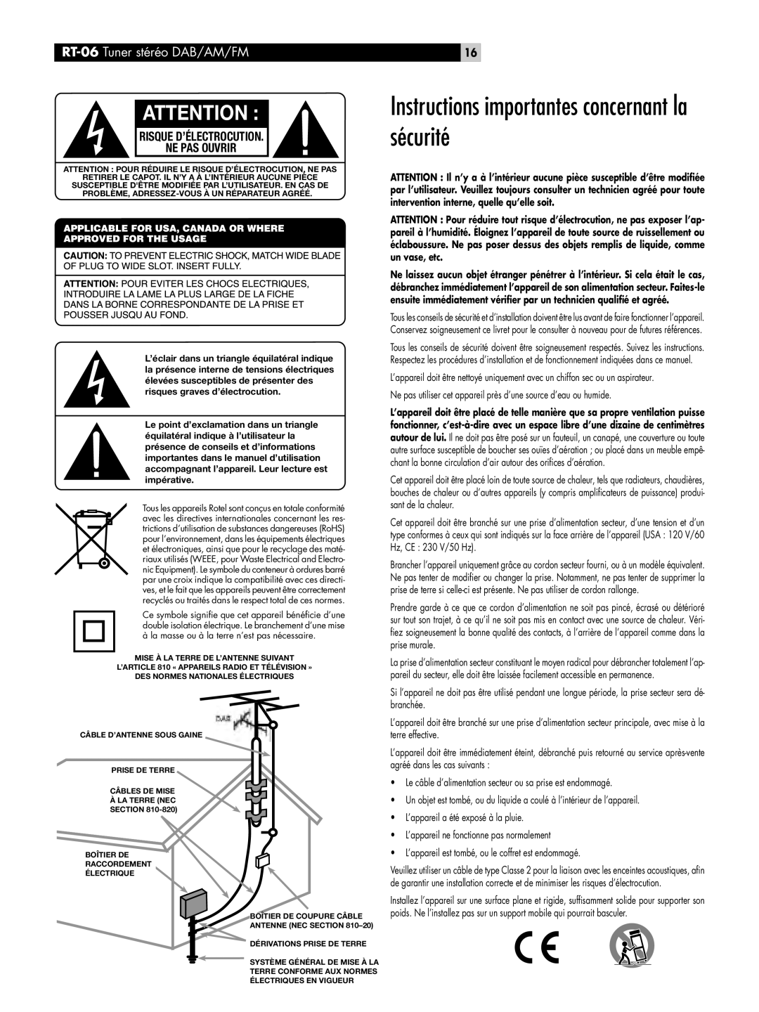 Rotel RT-06 owner manual Instructions importantes concernant la sécurité, Risque D’ÉLECTROCUTION NE PAS Ouvrir 