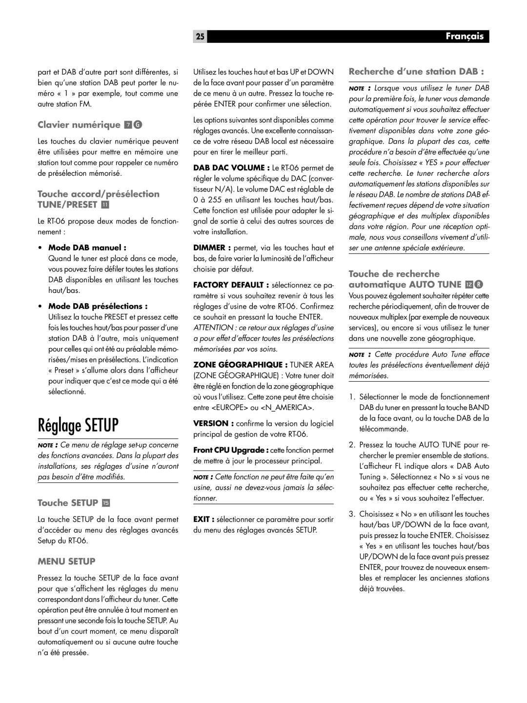 Rotel RT-06 owner manual Réglage Setup, Clavier numérique 7G, Touche accord/présélection, Touche Setup e, Menu Setup 